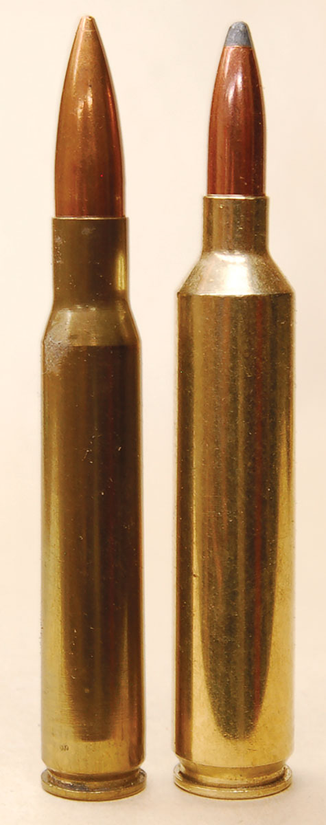 A 30-06 match load (left) and a 26 Nosler (right) loaded to an overall length of 3.335 inches for most ’06-length magazines.